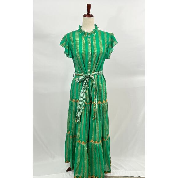OLIPHANT L Large Pixie Green Gold Ruffle Collar Maxi Dress Belted Short Sleeve - Picture 2 of 9
